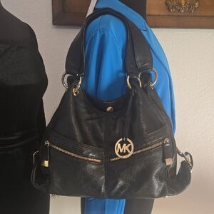Michael Kors Black Leather Shoulder Bag with Gold Accents